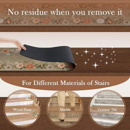 OJIA Floral Stair Treads Non-Slip Carpet Stair Treads for Wooden Steps Indoor 15PCS 30"x8" Stair Runner Stair Mats Staircase Step Treads for Kids, Elders and Dogs, Stair Covers, Black