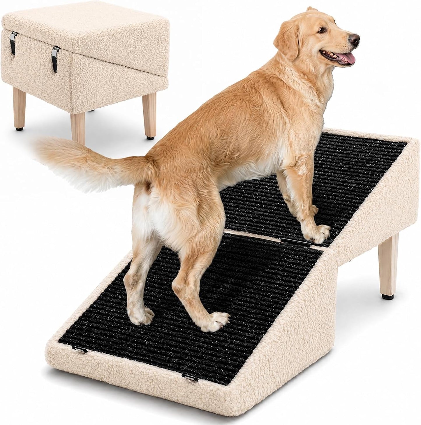 3-in-1 Dog Ramp with Storage 18.9"×17.7"×18.9", Dog Steps Anti-Slip, Foldable Pet Stairs, Ottoman Pet Ramp for Puppy Senior or Injured Dogs & Cats, Supports 220 lbs for Couch & Bed
