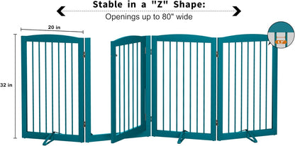 PUPETPO Freestanding Dog Gate with Door, Pet Gate for Stairs, 80 inch Wide Pet Barrier Indoor, Dog Fences Indoor, Support Feet Included, 4 Panels, 24" Tall, Dark Brown