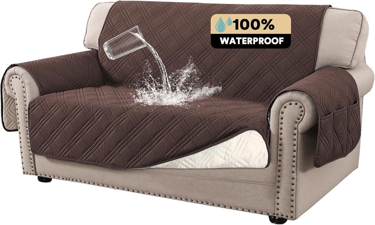 PrinceDeco 100% Waterproof Couch Cover for 3 Cushion Couch Sofa Pet Friendly Non-Slip Couch Cover for Dogs Washable Water Resistant Furniture Protector with Elastic Straps(Sofa 68", French Oak)