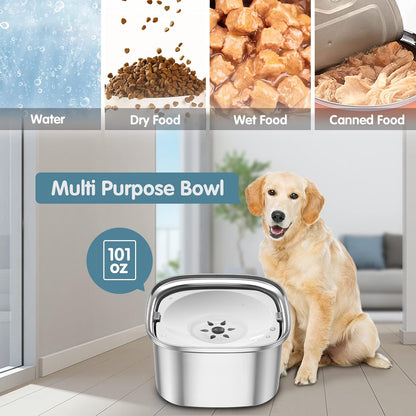 UPSKY 3L Dog Water Bowl 101oz Stainless Steel No Spill Large Capacity Dog Food Water Bowl Slow Water Feeder, Spill Proof Pet Water Dispenser Vehicle Carried Travel Water Bowl