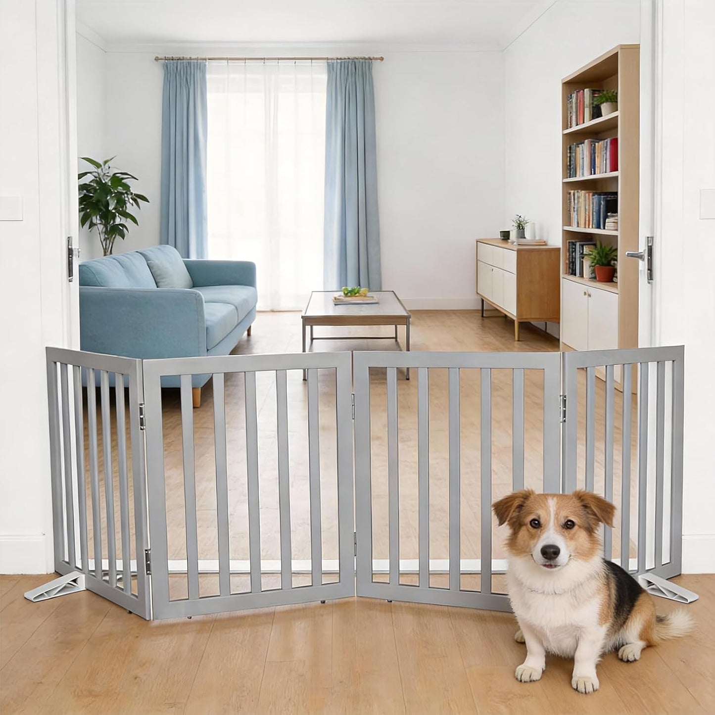 Dog Gate Indoor, Freestanding Dog Fence for The House, Doorways, Hallways,or Stairs,Pet Gate Foldable Wooden,Expandable 24" Height 3 Panels,White