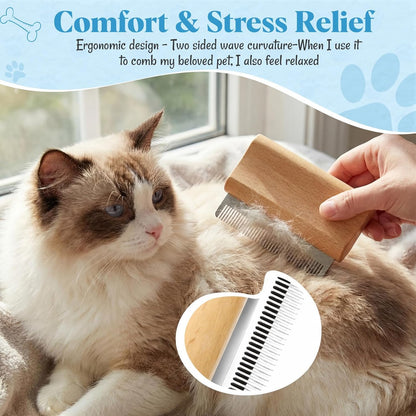 Dog Slicker Brush Set for Shedding Wooden Handle, Pet Deshedding Comb, Long and Short Bristle Comb, Grooming Pin Brush for Dogs Cats, Removes Loose Hair, Mats & Tangles, Grooming Tools Set