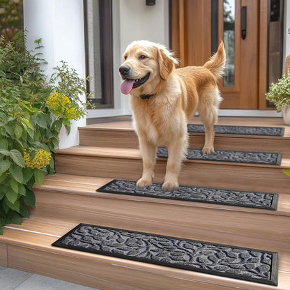 Aucuda Stair Treads Outdoor for Elders and Dogs on Wooden Steps, 30" x 8.5" (2pcs )Non Slip Stair Runner Rug Heat Insulation Rubber Backing, Gray Floral Staircase Mat Carpet for Indoor Grip Farmhouse.