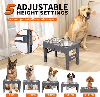 Elevated Dog Bowls with 2 Stainless Steel Bowls, 5-Height Adjustable Stand (3.1", 9" to 12"), for Improved Digestion & Neck Support, Easy Clean, Non-Slip Base Raised Feeder for Medium Large Dogs