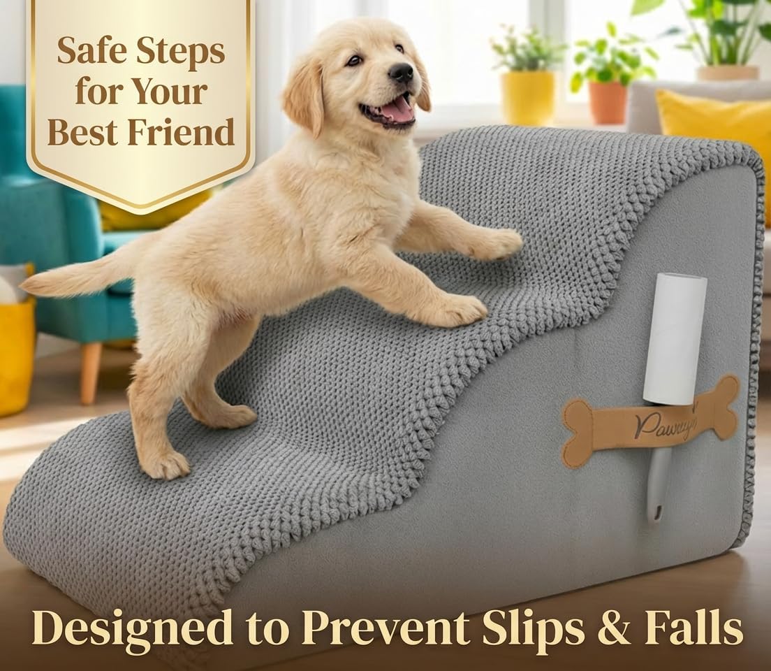 PAWZY Dog Stairs for Medium-Height Beds & Couches, 3-Step Foam Pet Steps 15.5” High for Small Dogs & Cats up to 60 lbs, Wide Non-Slip, Waterproof Washable Zipper Cover, No Assembly, Grey