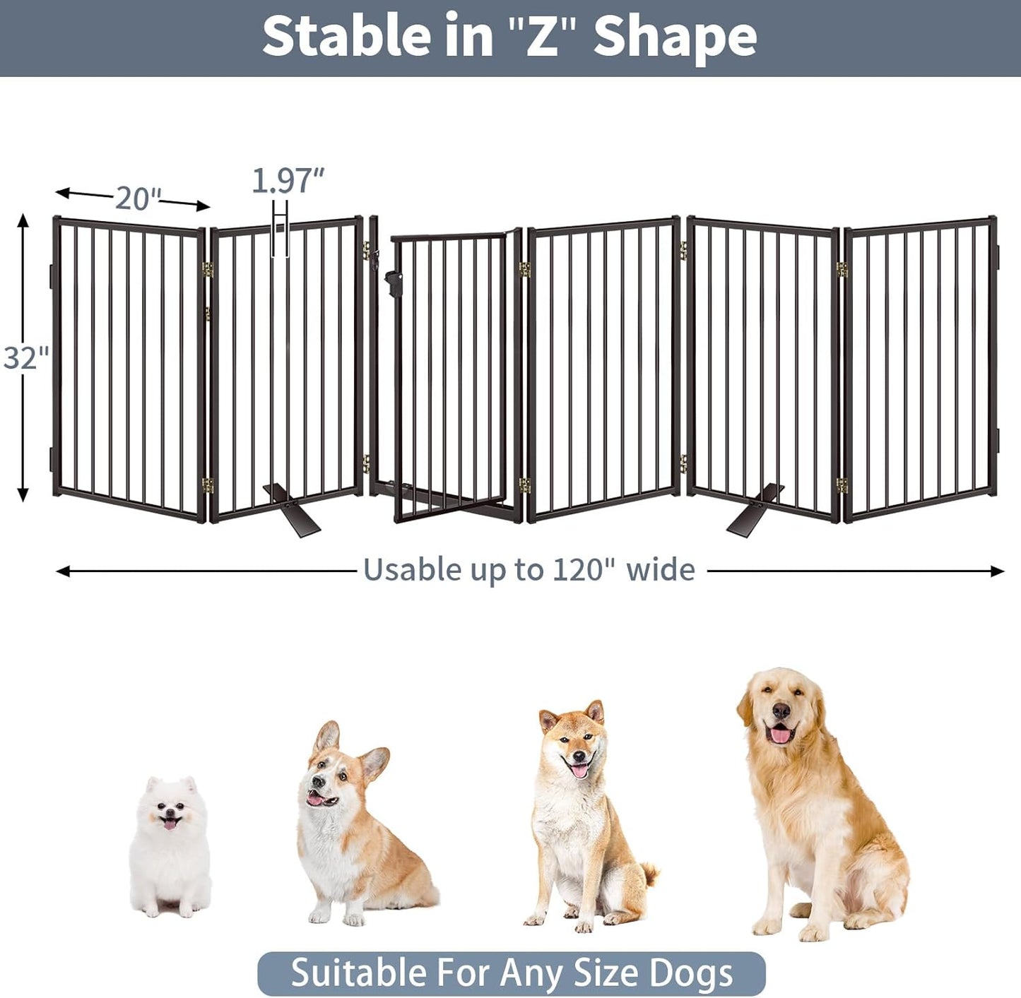 Metal Freestanding Dog Gates with Door for Outdoor Indoor,80'' Extra Wide 32'' Tall Free Standing Dog Gate for Doorways,Large Openings,Deck,Yard,Foldable Safety Pet Fence(Black,4 Panels)