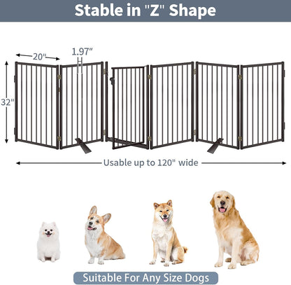 Metal Freestanding Dog Gates with Door for Outdoor Indoor,80'' Extra Wide 32'' Tall Free Standing Dog Gate for Doorways,Large Openings,Deck,Yard,Foldable Safety Pet Fence(Black,4 Panels)