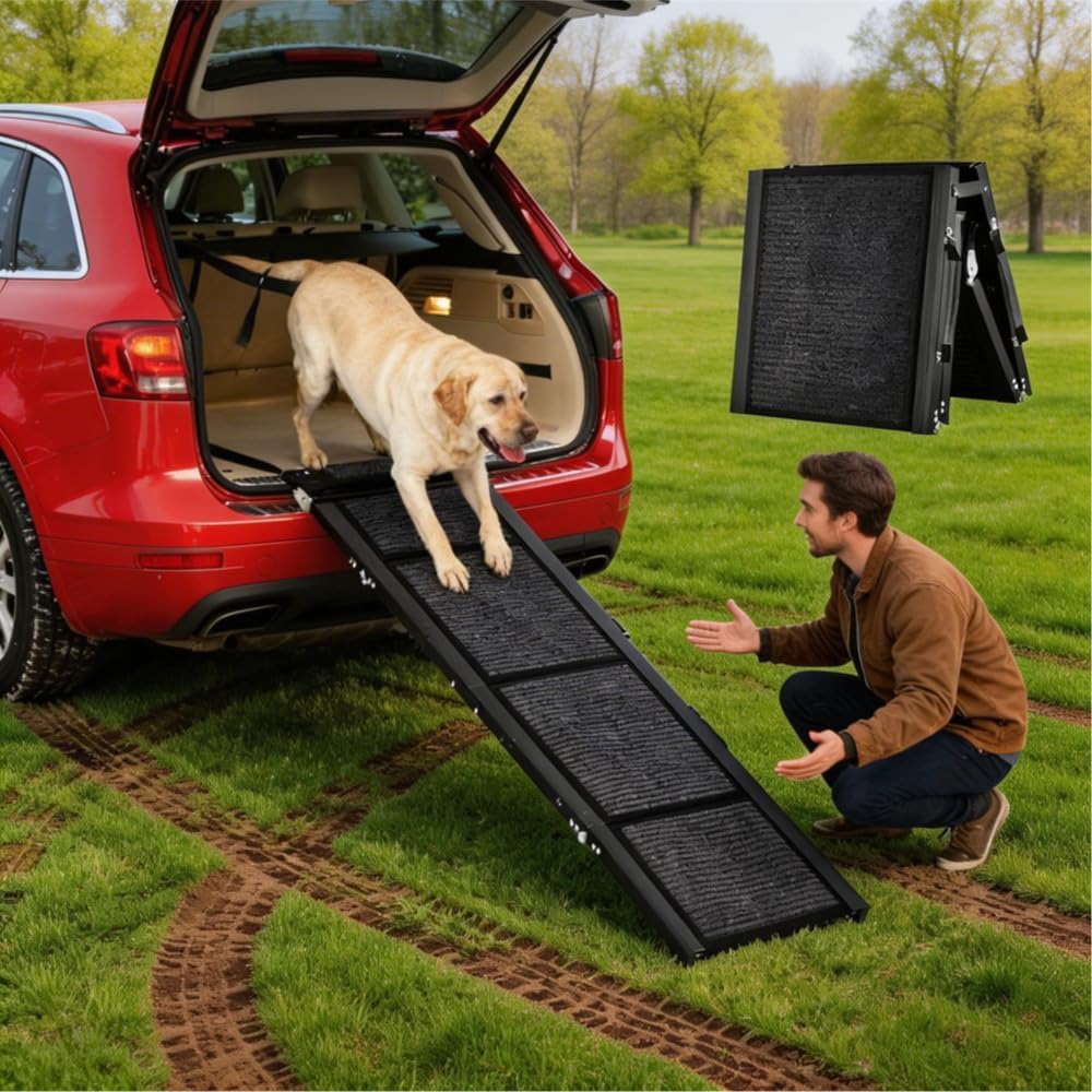 GarveeLife 63 in Long Dog Ramp for Cars, 20 in Wide Folding Pet Ramp for Large Dogs with Non-Slip Surface Portable Dog Car Ramp for SUV Car & Truck, Outdoor Dog Ramp Up to 250 LBS