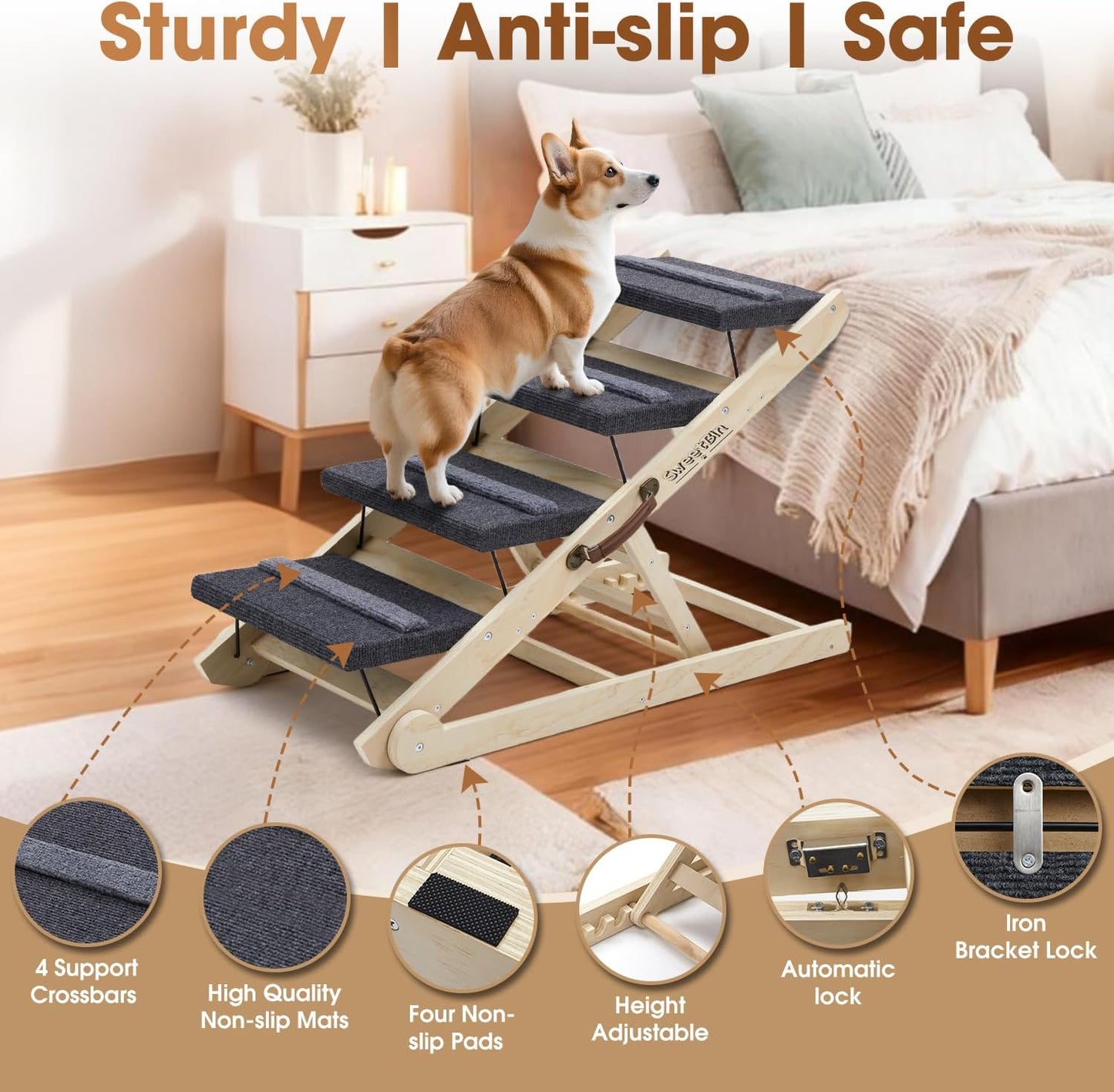 Dog Ramp for Bed - Foldable Small to Large Dog Ramp for Couch - 6 Adjustable Height from 12" to 24" - Stairs with High Traction Mat - Wooden Portable Ramp for Dogs to Get on Bed Couch Car Up to 200LBS