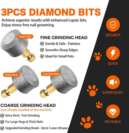 Whisper Quiet Dog Nail Grinder with 4 LED Lights, Safe & Stress-Free for Sensitive Dogs Cats of All Breeds & Sizes, 3 Grinding Bits, 3-Speed, Pet Nail Trimmers, Rechargeable Painless Grooming Kit