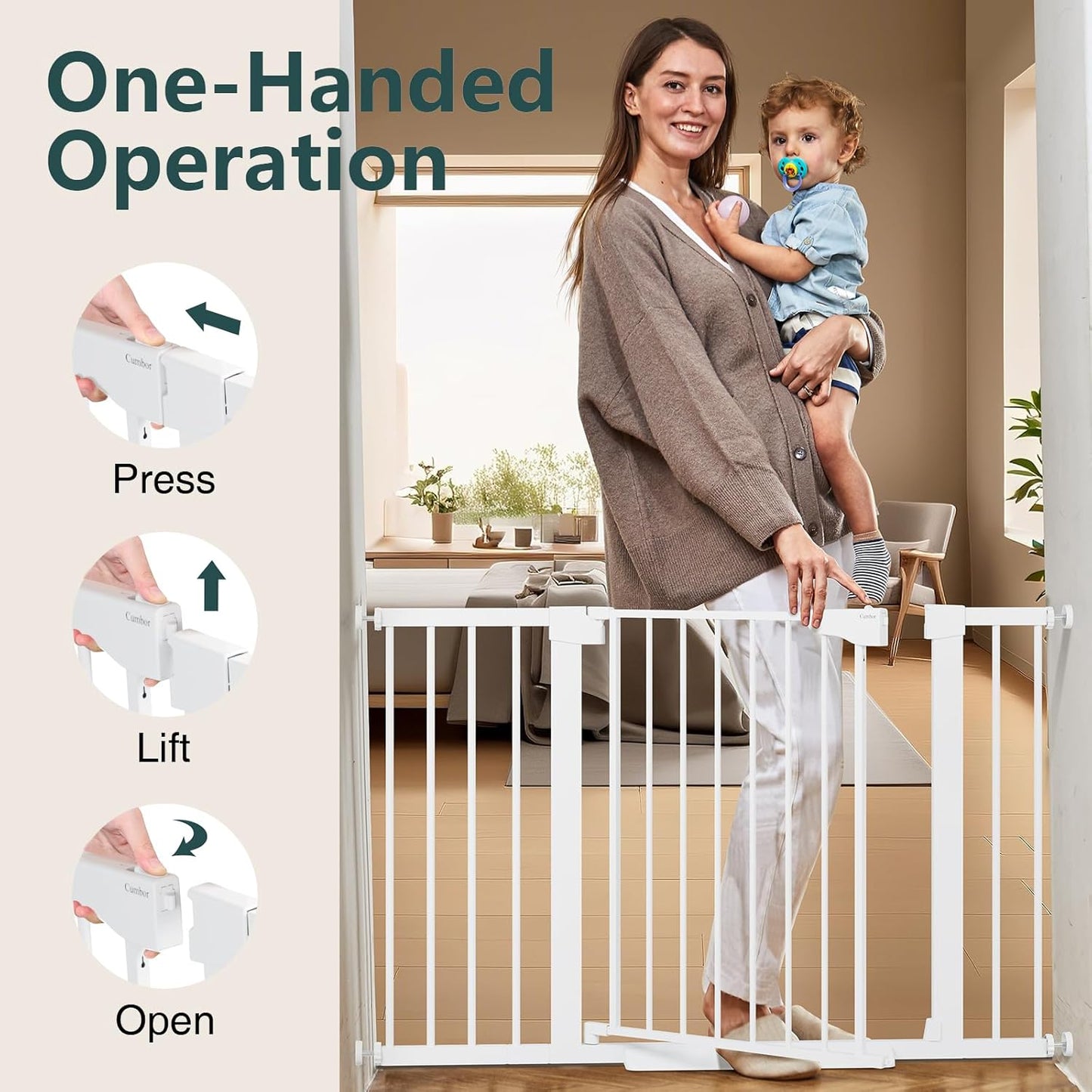 Cumbor 36.6-64" Extra Wide Baby Gate for Stairs, Dog Gates for Doorways, Auto-Close Pet Gate Indoor, Pressure Mounted Walk Through Safety Child Gate for Kids Toddler, Tall Pet Puppy Fence Gate, Brown