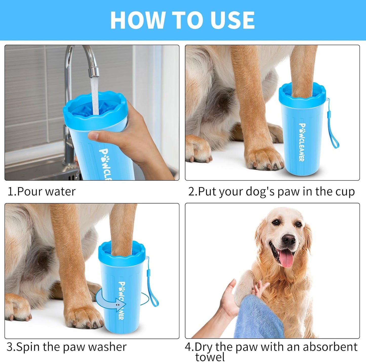 Professional 7 in 1 Dog Paw Cleaner for Dogs & Cats - Includes 1 Portable Paw Washer, 1 Bath Brush, 2 Dog Toothbrushes and 3 Absorbent Towels Note: Fits Paws up to 2 Inches Wide (Small, Blue)