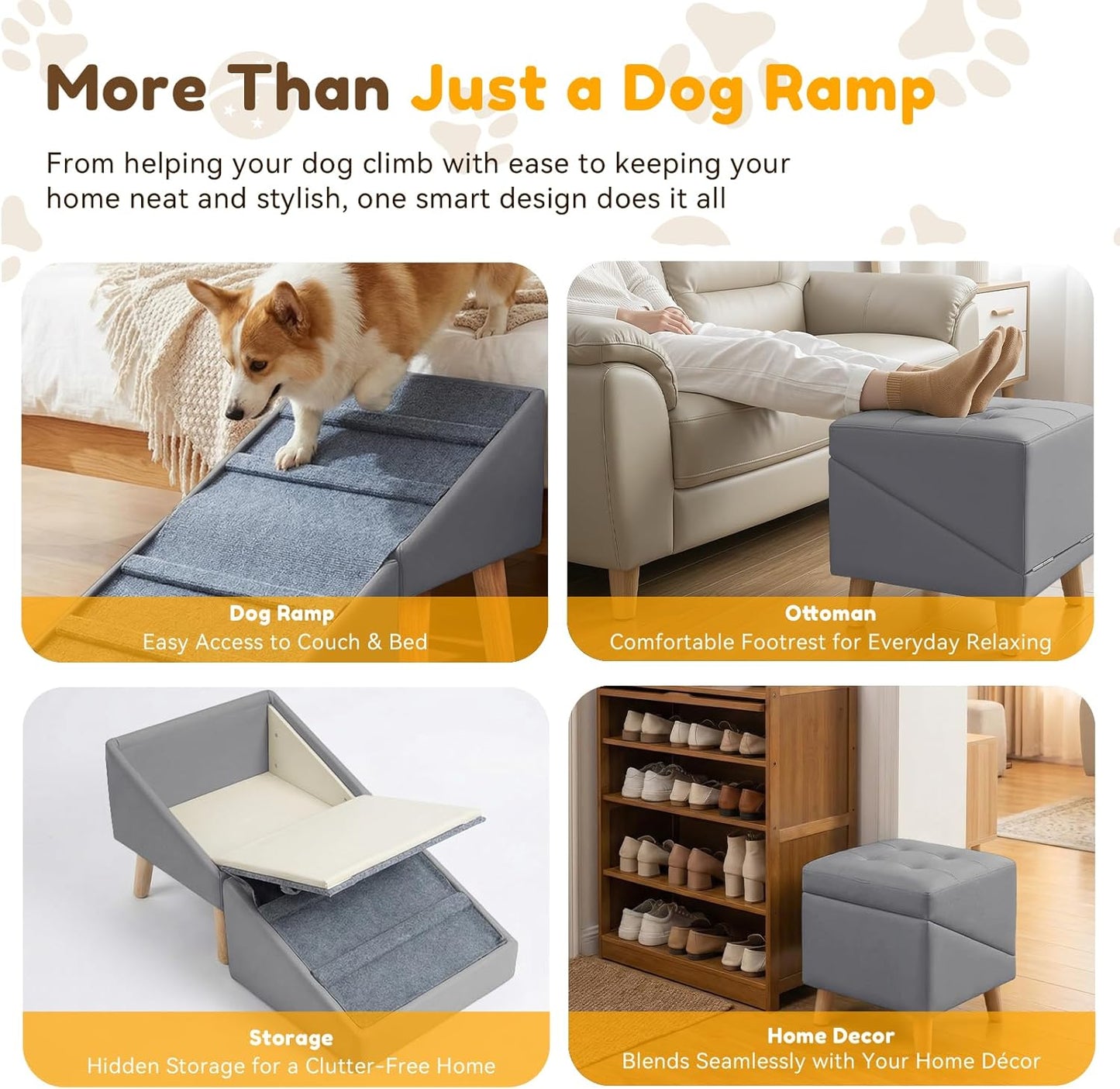 Dog Ramp for Small Dogs, 15.7" H 3-in-1 18.5" Extra Wide Foldable Ottoman & Hidden Storage Design Dog Stairs for Couch Sofa, Non-Slip Pet Steps for Puppy Senior Injured Dogs (White)