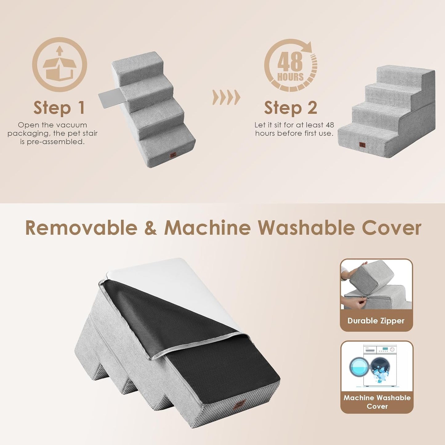 EHEYCIGA Dog Stairs for High Bed 22.5" H, 5-Step Dog Steps for Bed, Pet Steps for Small Dogs and Cats, Non-Slip Balanced Pet Ramp Indoor, Grey