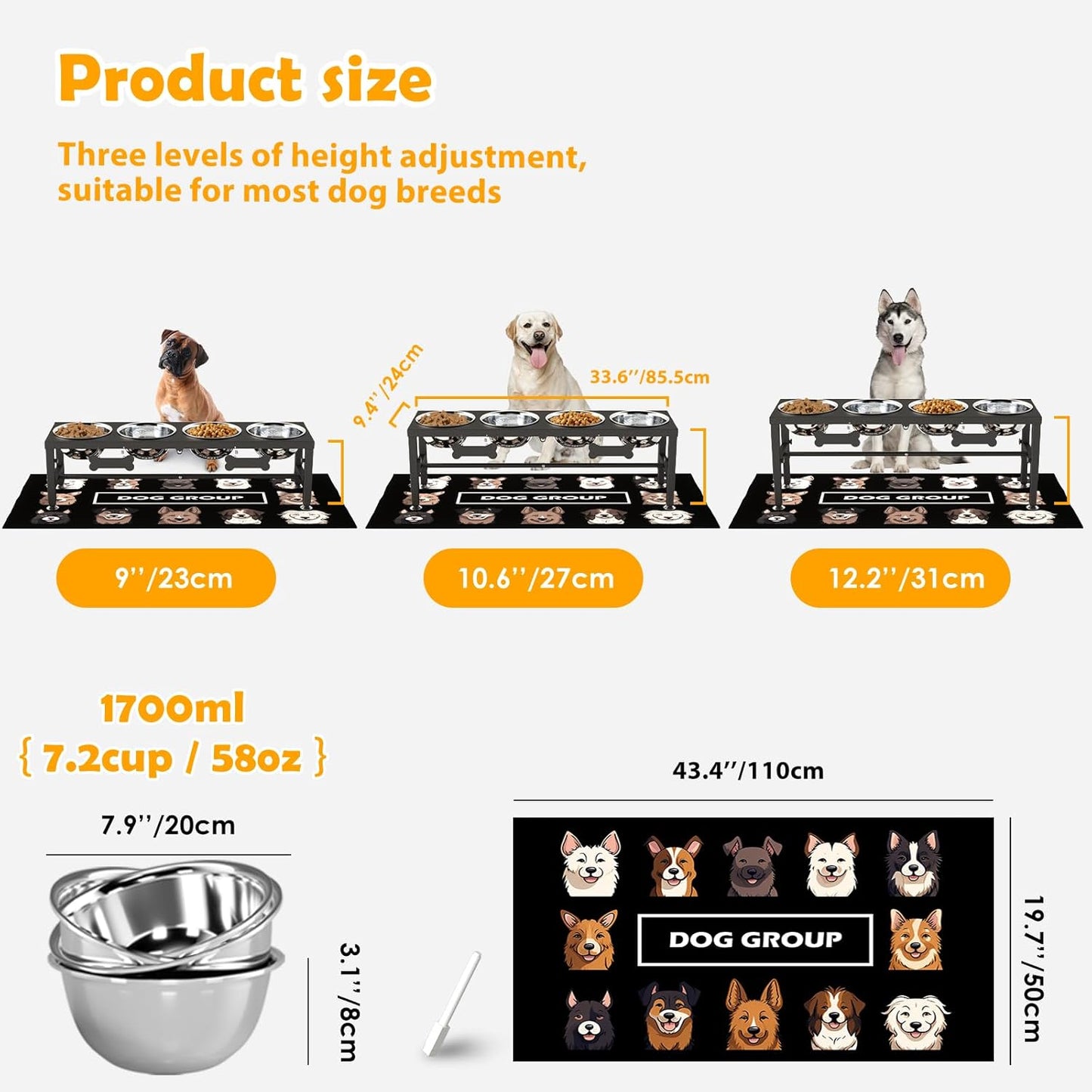 ADENGL Metal Raised Dog Bowl, 10" Tall Elevate Dog Feeder Stand with 2 Stainless Steel 42oz Bowls & 16x24 Non-Slip Mat – Stronger Dogs Food & Water Bowl Stand (Black)