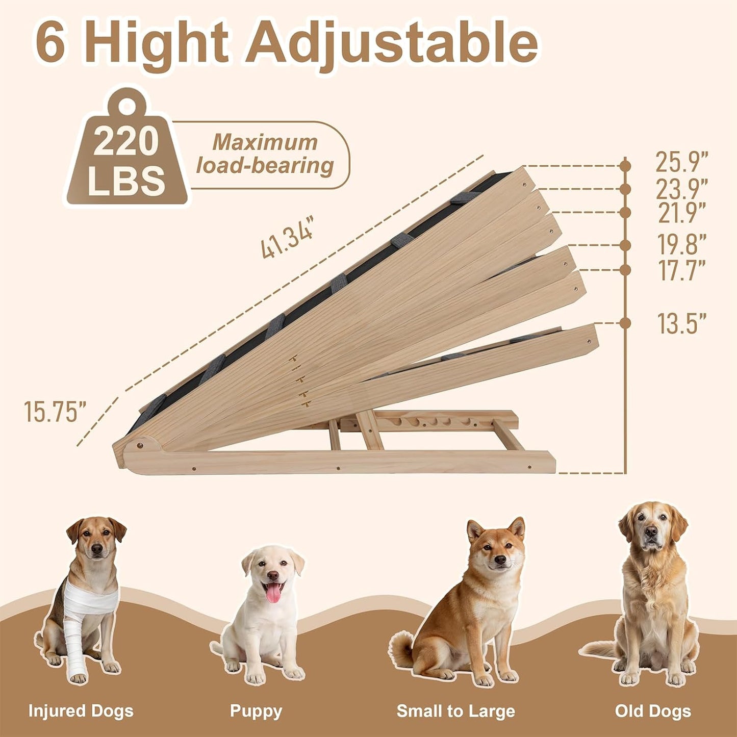 Dog Ramp for Bed, for Couch, 47.24" Long Wooden Pet Ramp for Small & Large Dogs to Get on Bed Couch Car Up to 200LBS, 4 Adjustable Heights (13.7"-24.6"), Foldable Dog Bed Ramp with Anti-Slip Surface