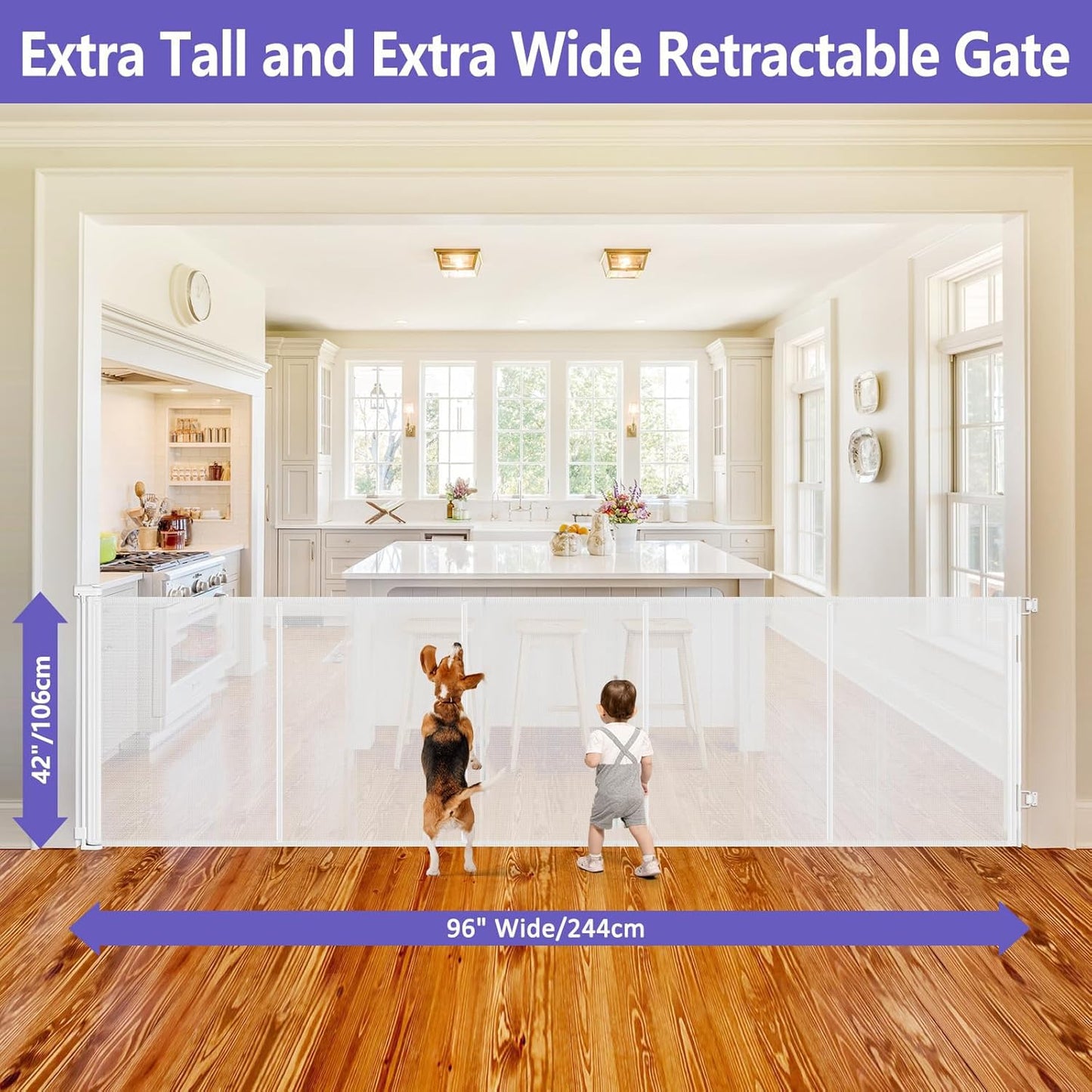Reinforced 42" Tall Retractable Dog Gate, 155" Extra Long Retractable Baby Gate with Support Rods - Prevent Crawling Under, Indoor/Outdoor Retractable Gate Extra Tall Baby Gate Retractable Fence/Black