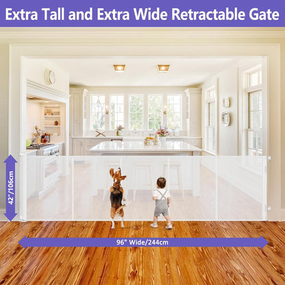 Reinforced 42" Tall Retractable Dog Gate, 155" Extra Long Retractable Baby Gate with Support Rods - Prevent Crawling Under, Indoor/Outdoor Retractable Gate Extra Tall Baby Gate Retractable Fence/Black