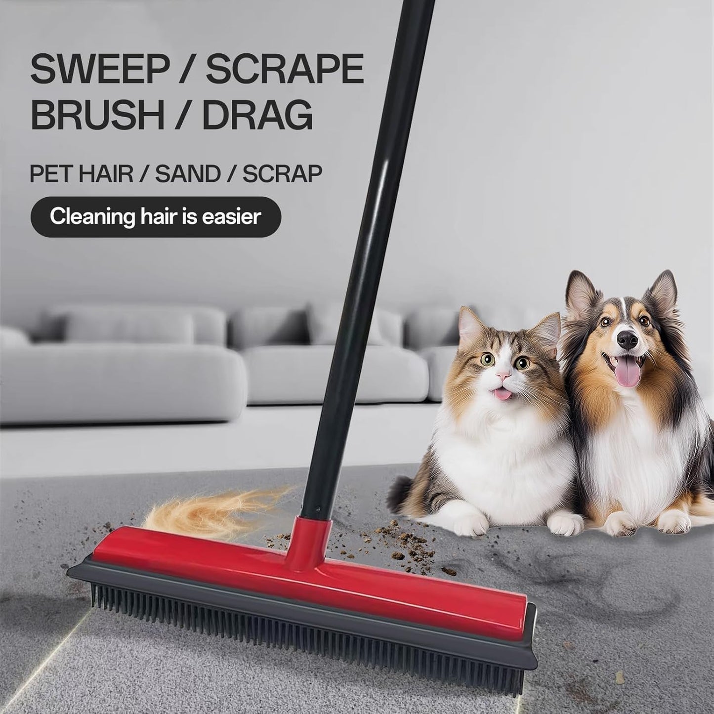Pet Hair Rubber Broom with Squeegee for Carpet,Fur Remover Broom Carpet Rake for Pet Hair Removal, with 50" Long Handle, Dual-Sided for Hardwood Floor, Tile,Portable Detailing Lint Brush