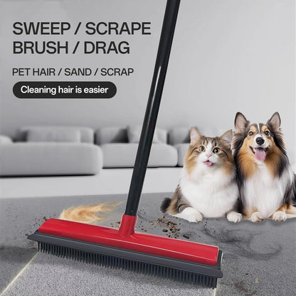 Pet Hair Rubber Broom with Squeegee for Carpet,Fur Remover Broom Carpet Rake for Pet Hair Removal, with 50" Long Handle, Dual-Sided for Hardwood Floor, Tile,Portable Detailing Lint Brush