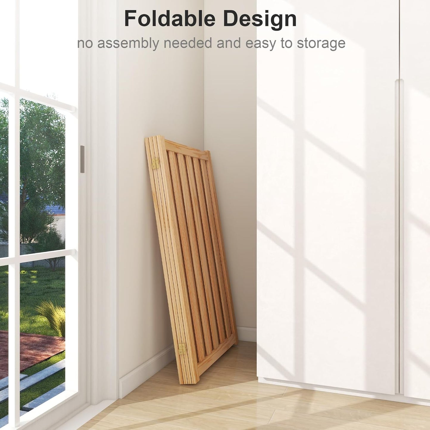36" Height Extra Tall Freestanding Pet Gate, Solid Wood Folding Safety Fence Wooden Dog Gate with 2 PCs Support Feet Ideal for Stairs, Doorways, Halls, Kitchens, Heavy Duty Gates, 3 Panels, Oak