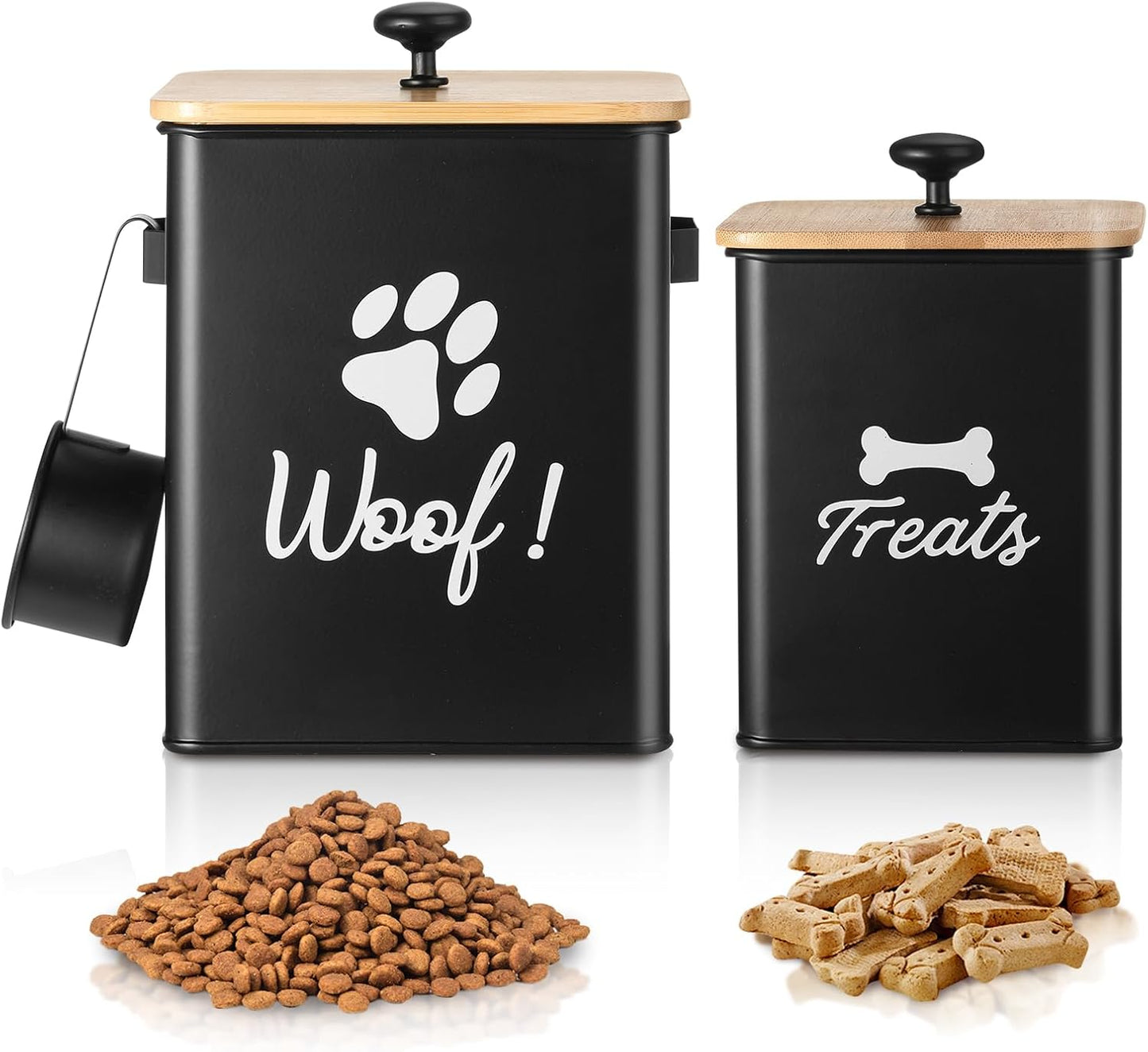 Dog Treat Container Set of 2, Dog Food Storage Containers with Airtight Lids, Metal dog treat jars for Kitchen Countertop, Pet Cookie Canister to Keep Treats Fresh, 9.4''×7.1''×9.6", Black