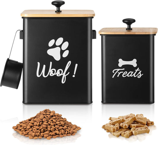 Dog Treat Container Set of 2, Dog Food Storage Containers with Airtight Lids, Metal dog treat jars for Kitchen Countertop, Pet Cookie Canister to Keep Treats Fresh, 9.4''×7.1''×9.6", Black