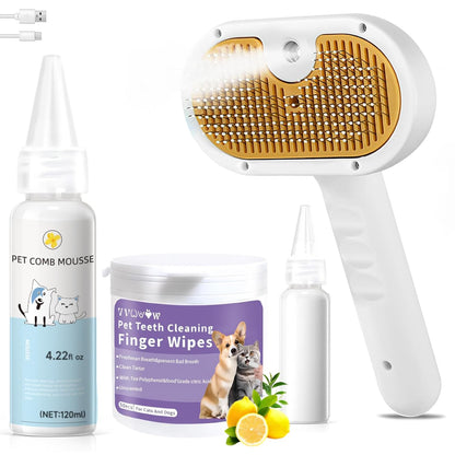 Pet Steam Brush for Dog & Cat – 3-in-1 Spray Hair Removal Comb for Shedding & Grooming, Softens Fur & Reduces Static – Water Brush for Long & Short Coats, Bath-Hating Pets, Includes Waterless Shampoo