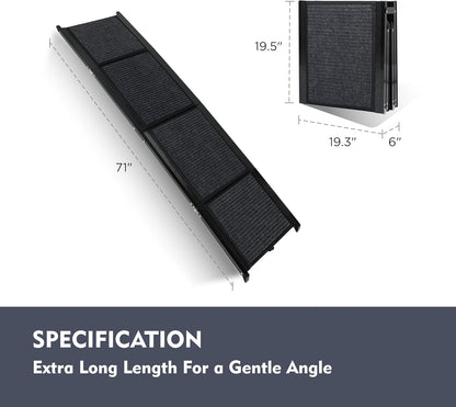 Folding Dog Ramp for Car 71" Long & 19" Wide Portable Pet Ramps with Non-Slip Rug Surface, Outdoor Dog Car Ramp for Large Dogs, SUV Car & Truck, Dog Steps Up to 250LBS