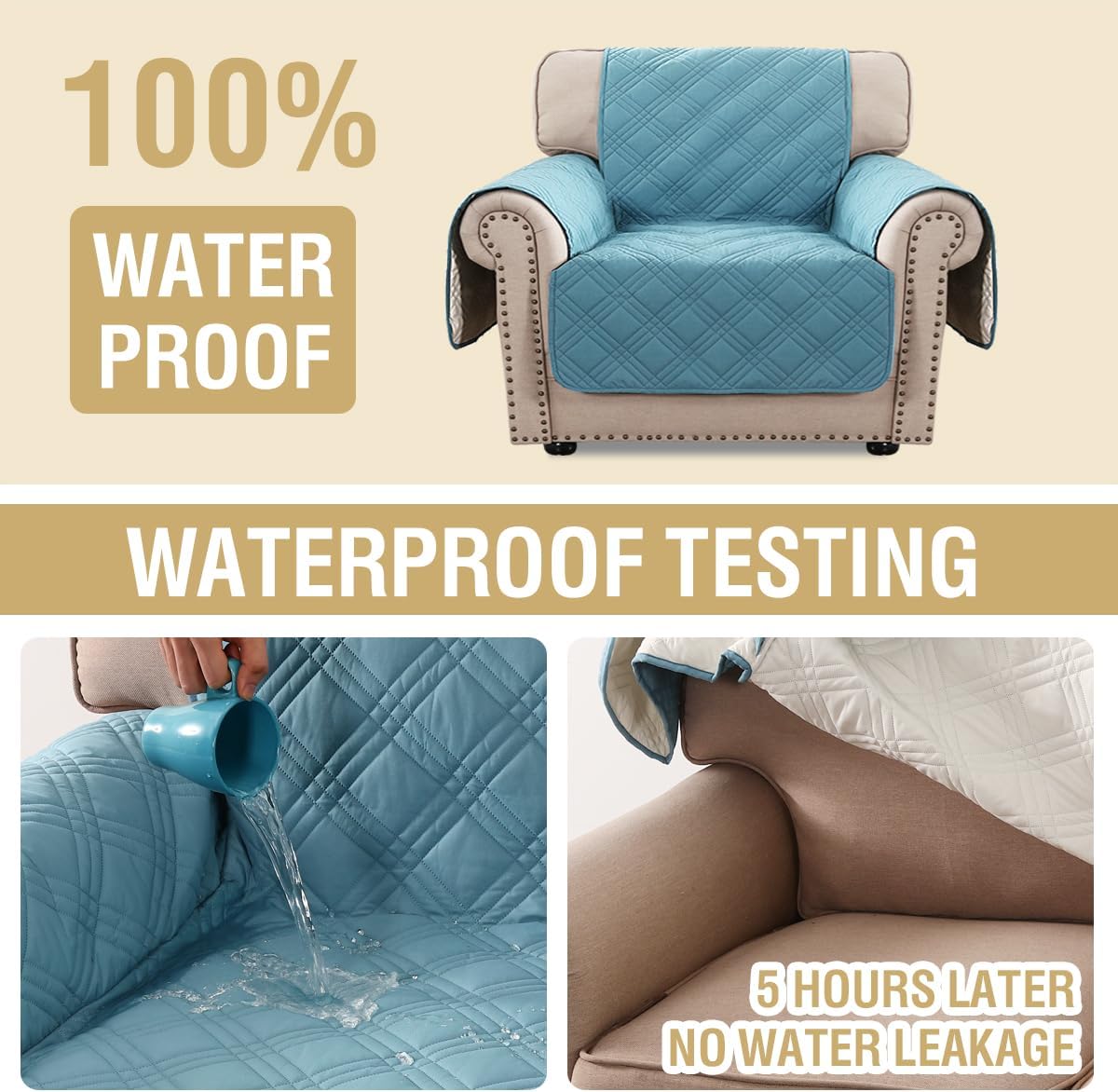H.VERSAILTEX 100% Waterproof Slipcovers for Couches and Sofas Modern Pet Couch Cover Thick Soft Furniture Protector with Elastic Straps(Sofa, Lily Pad/Beige)
