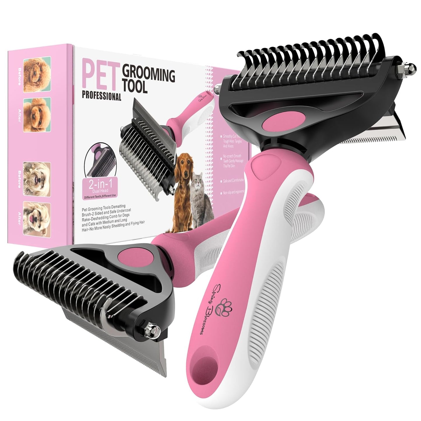 Spring Blossoms-2 in 1 Professional Grooming Rake for Cats & Dogs-Dematting Comb for Easy Mats & Tangles Removing,Pet Brush Safe No More Nasty Shedding and Flying Hair (Orange)