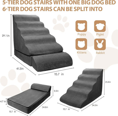 Dog Stairs for High Beds 30-36 inches Tall, 6-Step Pet Stairs/Steps for High Bed 32-36 inches for Small Large Dogs, Foam Dog Steps for Beds for Old Dogs/Cats, Dark Grey