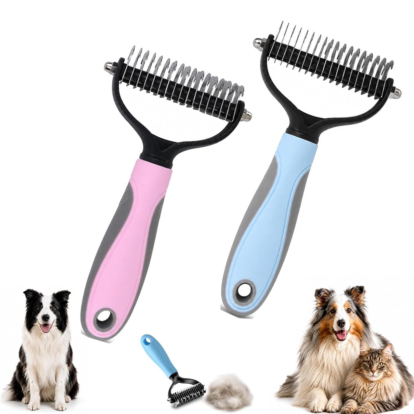 Pet Pro Grooming Tool, Long-Haired Dog Shedding Remover, Brush for Undercoat, Detangling and Hair Removal, Professional Comb, Stainless Steel(pink+blue)