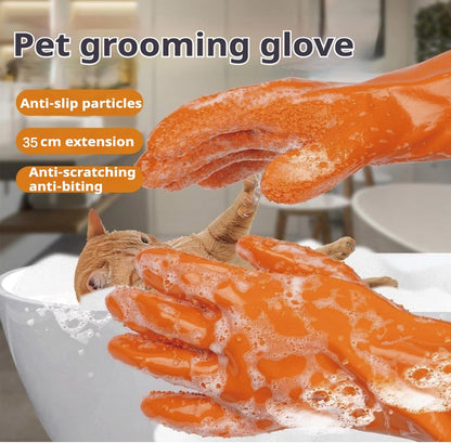 YOFANG 14" Long Pet Grooming Gloves for Washing & Hair Removal,Waterproof Rubber Cat Bite-Proof Brush Gloves,Dog Bath Glove with Soft 3500+ Particles Massage,Orange