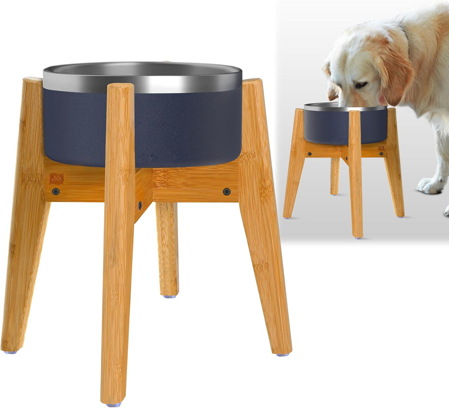 Dog Bowl Stand (14-inch High) - Ideal for Large Breeds, Use to Elevate, Raise Pet Dishes, Water Fountains and Slow Feeders - Adjustable Sideways, Bamboo - (Bowls not Included)