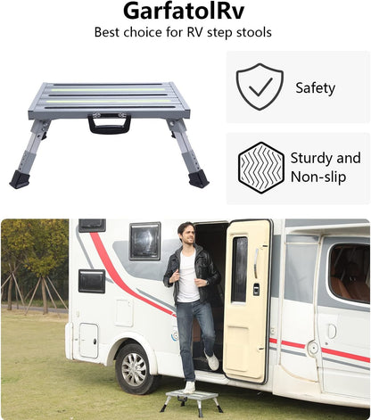 Aluminum RV Steps, 4-Level Adjustable Folding Step Stool with Non-Slip Rubber Feet, Non-Slip Fluorescent Strip Platform Rv Accessories, Supports Up to 1000 lbs - Black
