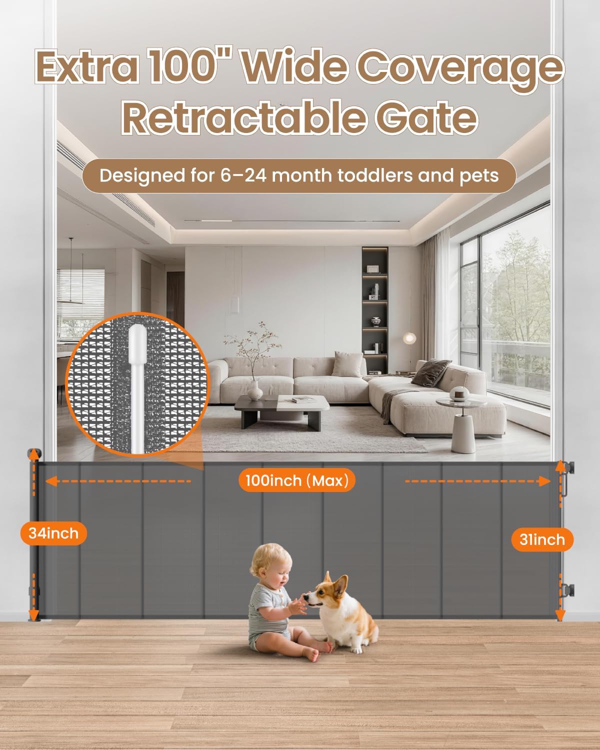 Retractable Baby Gate, 55" Wide Mesh Gate with 4 Reinforced Rods, Prevents Kids & Dogs from Crawling Under, 34" Tall Easy-to-Use Pet Gate for Stairs, Bedrooms, Hallways, Indoor/Outdoor, White