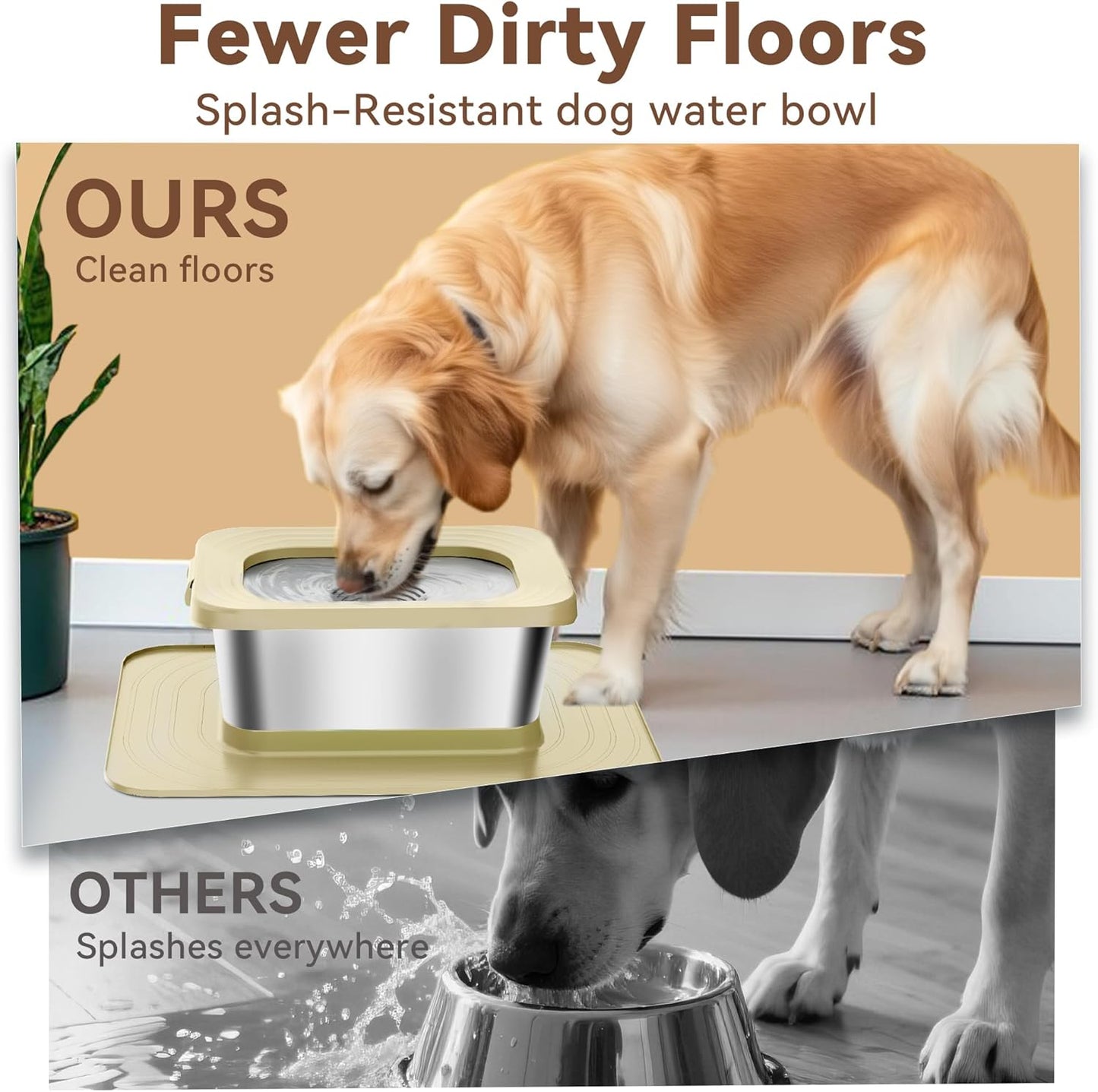 10L No Spill Dog Water Bowl, 2.6 Gal Stainless Steel No Splash Large Dog Water Bowl with Non-Slip Silicone Mat, Spill Proof Slow Drinking Pet Bowls for Messy Drinkers Indoor/Outdoor Use Black