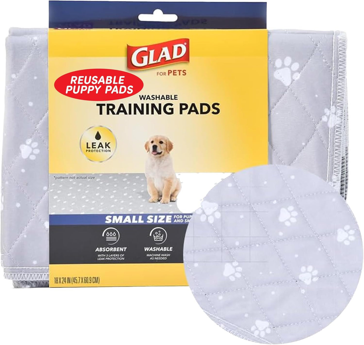 Glad for Pets Washable Dog Pee Pads, Medium, 24 x 36 Inch, 2 Count, Gray with Paw Prints, 3-Layer Leak Protection, No-Slip Vinyl Bottom, Reusable Puppy Training Pads