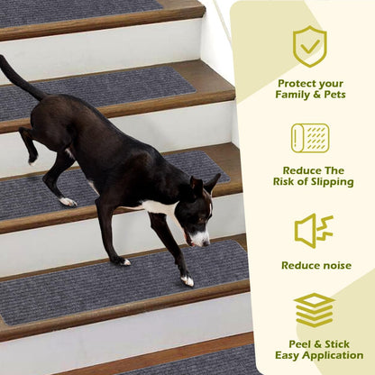 Stair Treads Non-Slip 16 Pack 8"x30" - Carpet Stair Runner for Indoor Wooden Steps with TPE Backing & Anti-Skid Surface, Reusable Adhesive Safety Rug for Kids/Elder/Pet-Friendly - Brown