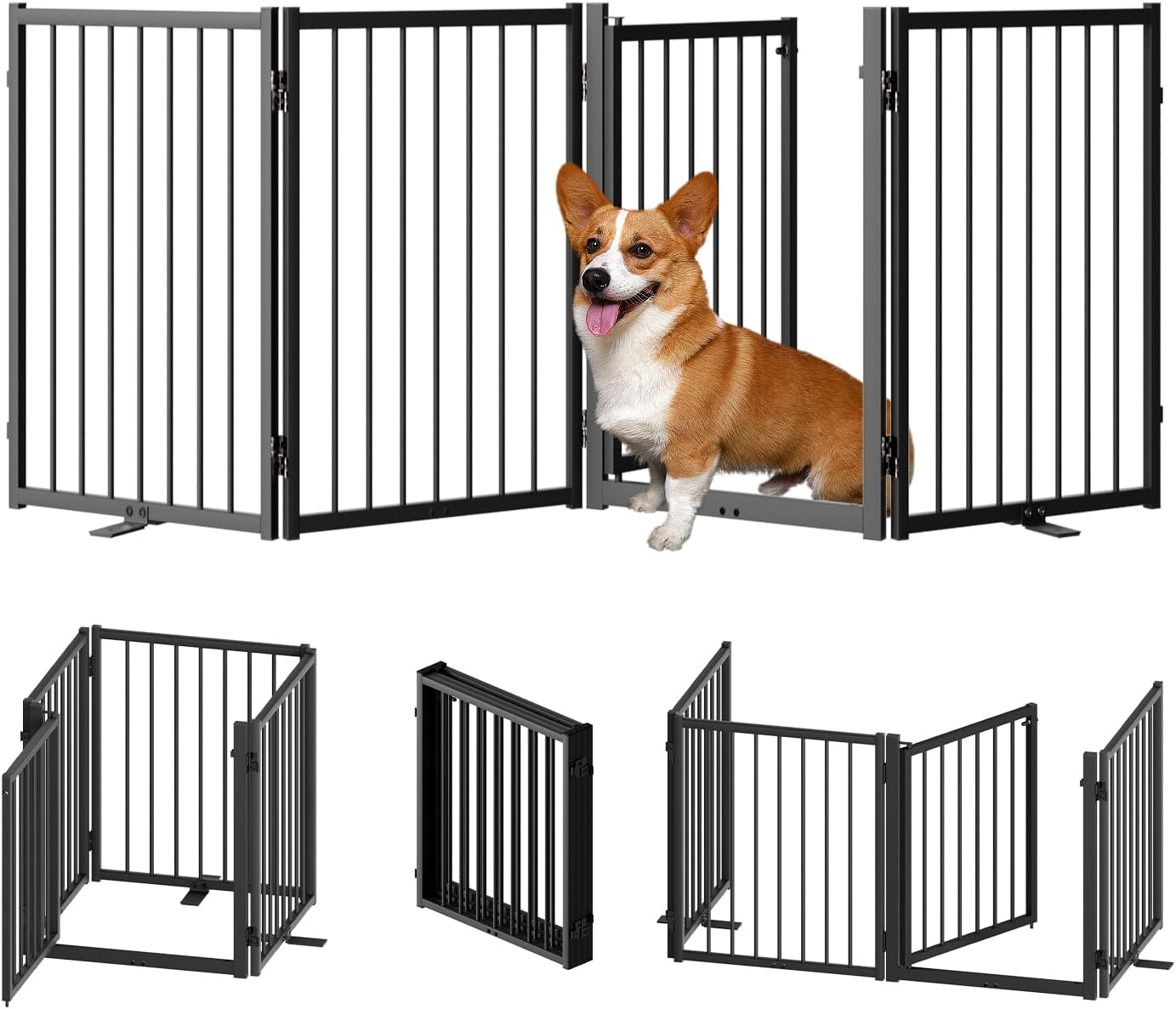 SNUOWU Full Metal Freestanding Dog Gate with Door, 32''Height Foldable Pet Dog Fence for Indoor & Outdoor, 4 Panels Extra Wide Free Standing TallDog Gates for Doorways,House,Stairs,Porch,Deck,Yard
