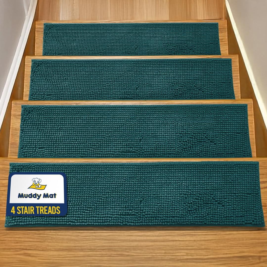 Muddy Mat® Pack of 4 - Soft Chenille Stair Treads Non-Slip Reusable, Super Absorbent Stair Treads for Wooden Steps, Tile & Marble Floor, Easy to Install & Machine Washable - Grey 30'' x 7''