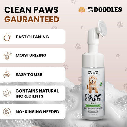We Love Doodles No-Rinse Dog Paw Cleaner with Built-in Silicone Bristle Brush | 3-in-1 Dirty Paw Washer Foaming Foot Cleaner for Muddy Pet| Gentle Moisturizing Waterless Shampoo - Lavender | 5 fl oz