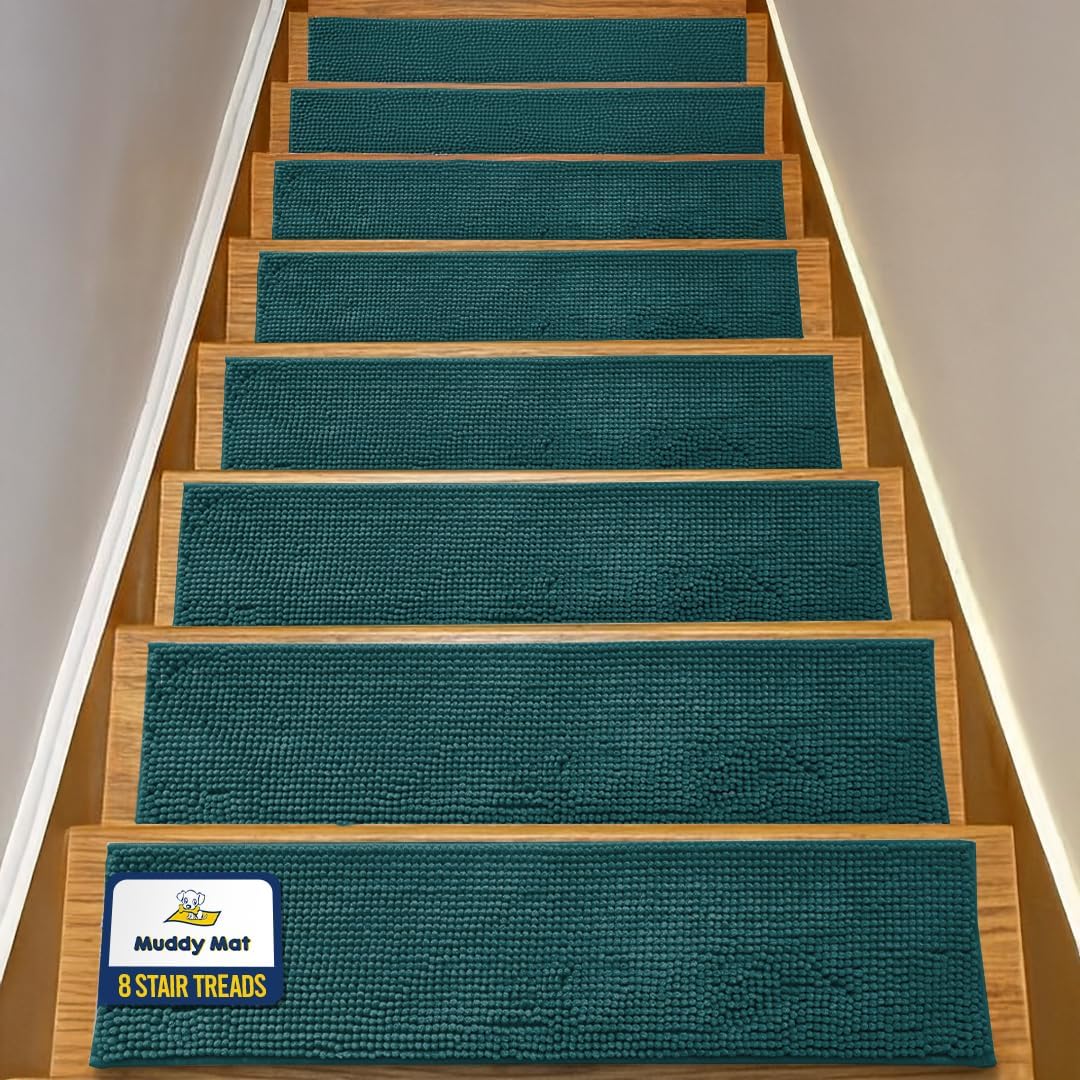 Muddy Mat® Pack of 4 - Soft Chenille Stair Treads Non-Slip Reusable, Super Absorbent Stair Treads for Wooden Steps, Tile & Marble Floor, Easy to Install & Machine Washable - Grey 30'' x 7''