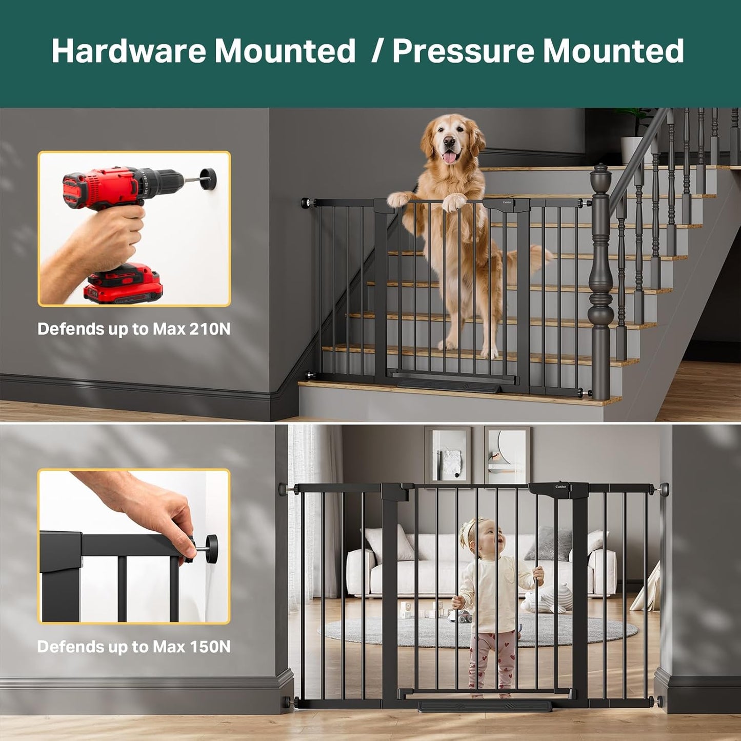 Cumbor 36.6-64" Extra Wide Baby Gate for Stairs, Dog Gates for Doorways, Auto-Close Pet Gate Indoor, Pressure Mounted Walk Through Safety Child Gate for Kids Toddler, Tall Pet Puppy Fence Gate, Brown