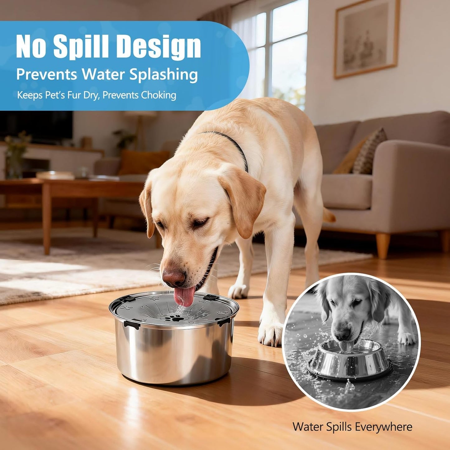 SCHITEC No Spill Dog Water Bowl for Large Dogs, 5.6L / 1.5 Gallon Stainless Steel Splash-Proof Slow Drinking Pet Dish with Floating Disk & Non-Slip Base, Mess-Free Design for Home or Travel-Light Gray