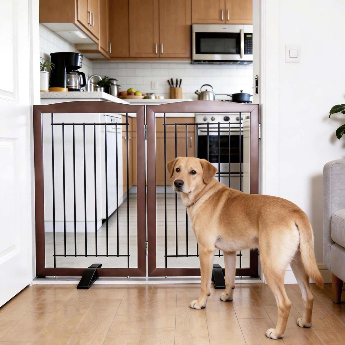 ZJSF Freestanding Dog Fence Indoor, Foldable Dog Gate for Doorways, Stairs or Hallways, Sturdy Wood Extra Wide Pet Gate with Support Feet for The House, White, 24 "Height-3 Panels