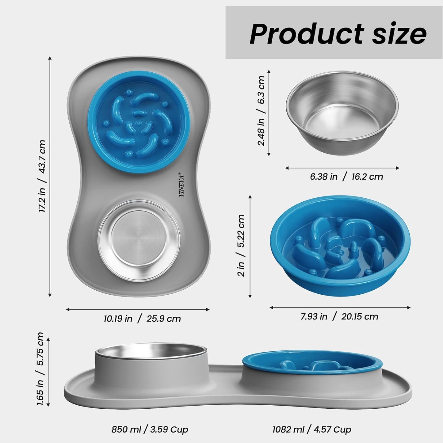 YINEYA 3 in 1 Slow Feeder Dog Bowls & Stainless Steel Food and Water Bowl with Non-Spill Dog Bowl Mat, Anti-Choking Puppy Bowls, Floor Safe & Easy Clean for Large Medium Small Dogs Cats