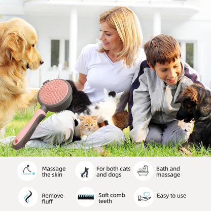 Pink Retractable Self-Cleaning Dog Bath Brush Double-Sided Dog Shedding Brush Long&Short&Massage Pin Cat Deshedding Brush Pet Grooming Tool for Dogs and Cats Remove Loose Hair Knots Tangles
